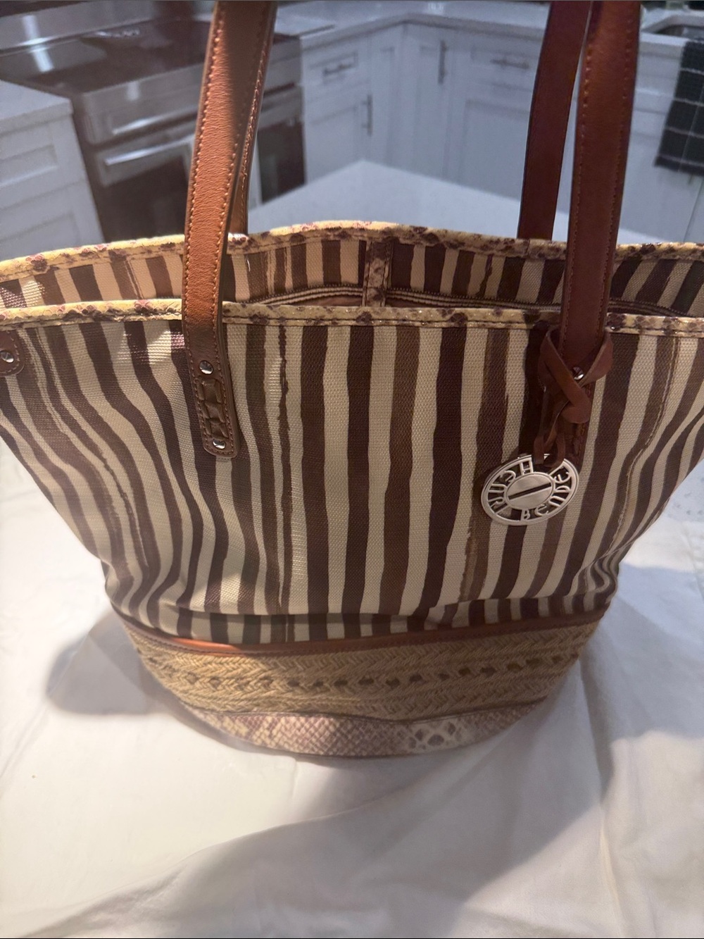 henri bendel Brown & Cream Striped Tote with Leather Handles